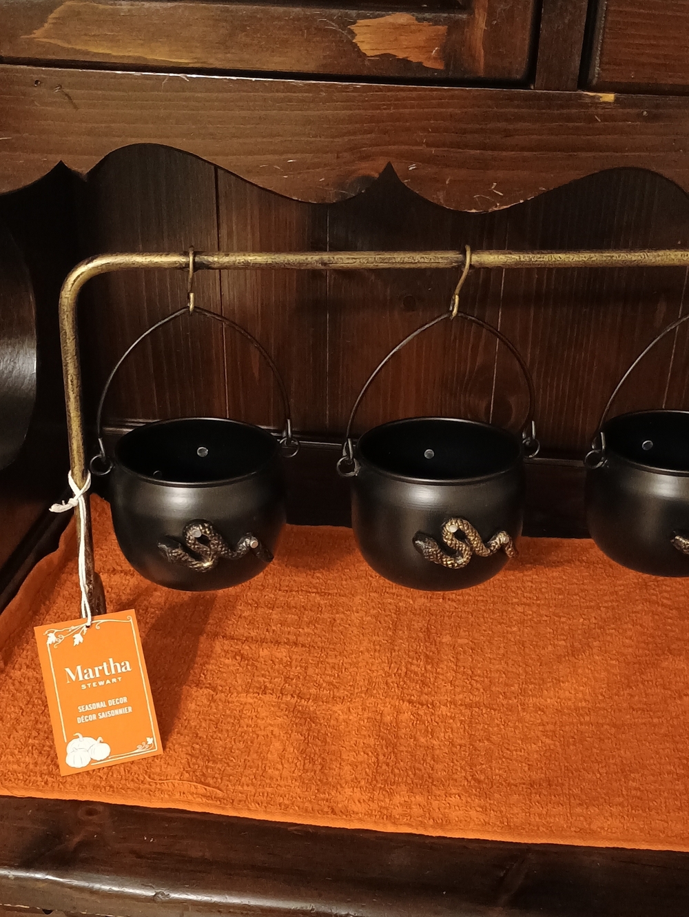 NWT Martha Stewart Halloween Hanging 3 Cauldron Candy Bowls Metal Snake Rack Set